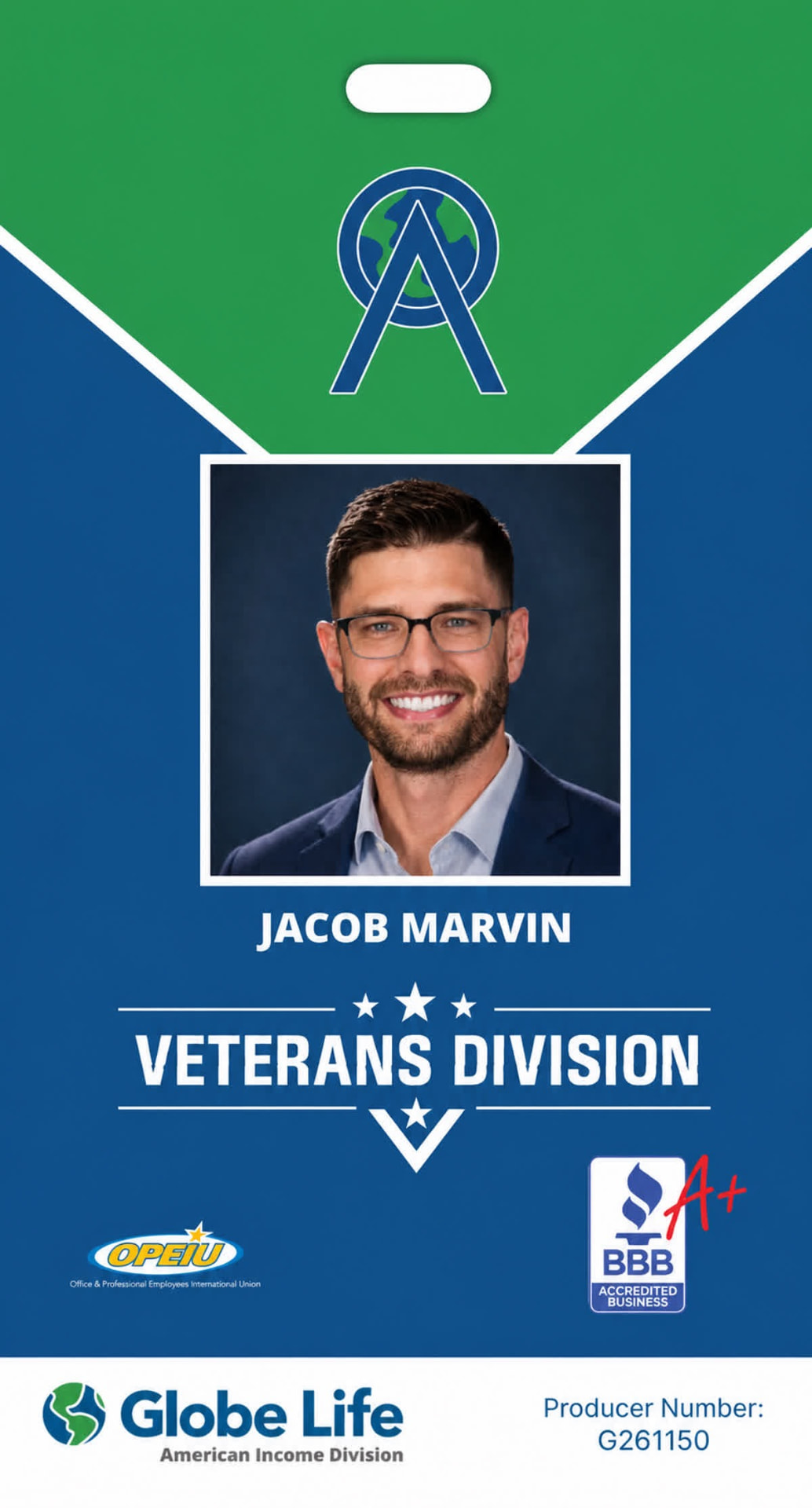 JAKE MARVIN — Benefits Representative, Globe Life American Income Division ID badge